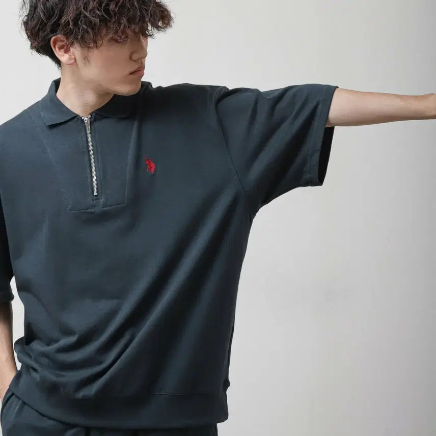 [BUNJANG] U.S. POLO ASSN. Half Zip Short Sleeve Polo Shirt Navy L / U.S. POLO ASSN. 유에스 폴로 어신  포인트 로고 자수 하프집업 반팔 폴로 셔츠 네이비 L