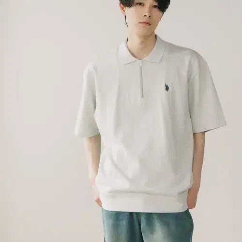 [BUNJANG] U.S. POLO ASSN. Half-Zip Short Sleeve Polo Shirt with Embroidered Logo - White L / U.S. POLO ASSN. 유에스 폴로 어신  포인트 로고 자수 하프집업 반팔 폴로 셔츠 화이트 L