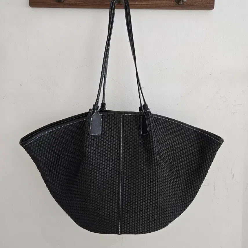 [BUNJANG] Folnua Black Cow Leather & Poly Cotton Mixed Tote Bag / 폴뉴아 백
