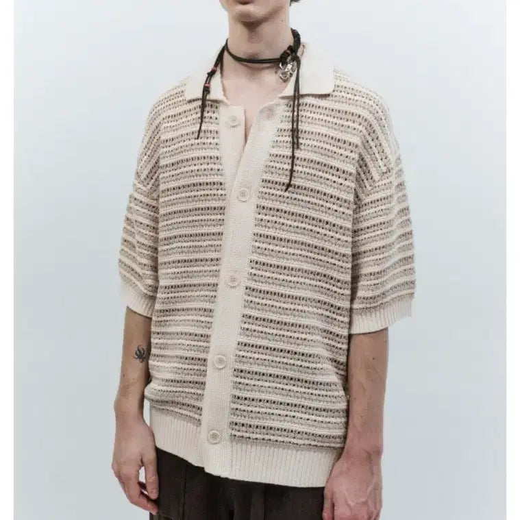[BUNJANG] INSILENCE Short Sleeve Collar Cardigan ASH BEIGE (S) / [새상품/인사일런스] 숏슬리브 칼라 가디건 S