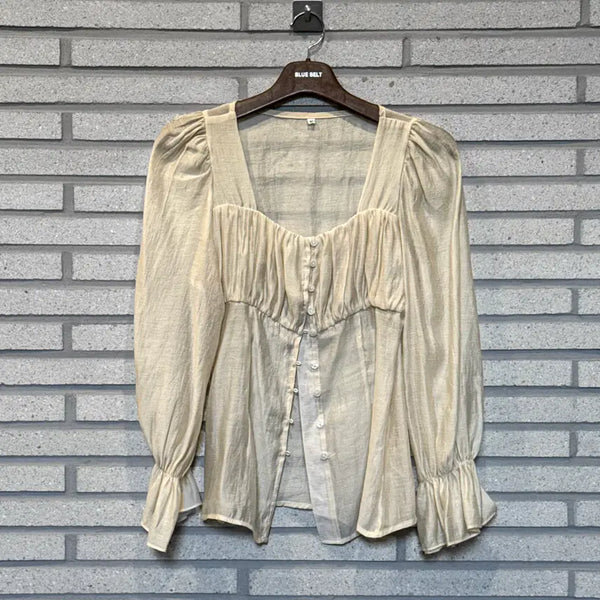 [BUNJANG] Japanese Vintage Shirring Sheer Detail Cardigan Beige / JPN VINTAGE 가디건 셔링 시스루 디테일 베이지