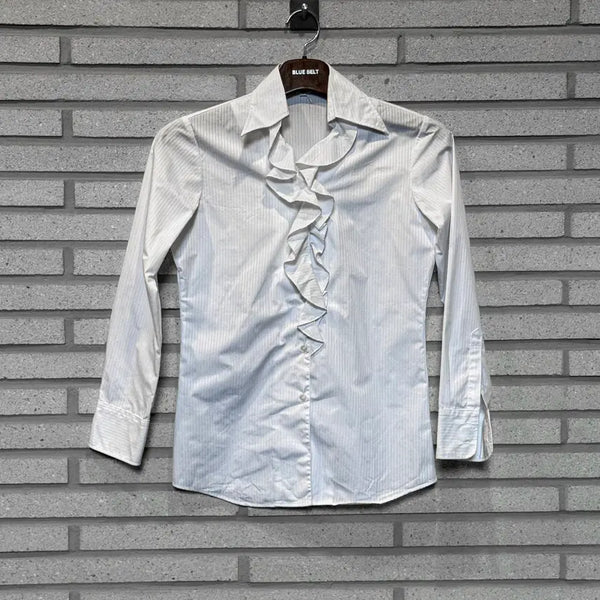 [BUNJANG] Japanese Vintage Striped Shirring Detail Long Sleeve Shirt White / JPN VINTAGE 긴팔 셔츠 셔링 스트라이프 디테일 화이트