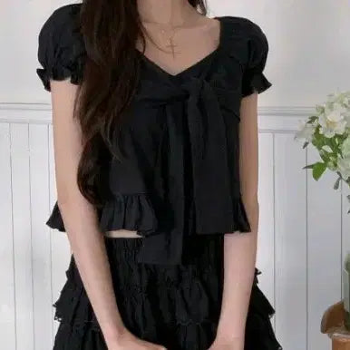 [BUNJANG] Tie-Sleeve Short Blouse / 타이반팔블라우스새거