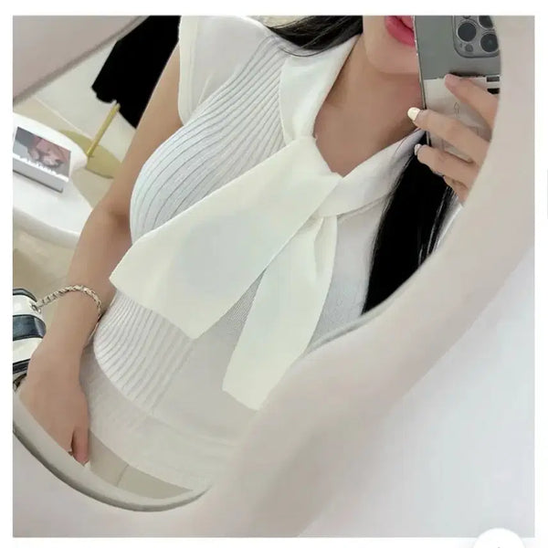 [BUNJANG] AUBRY V-Neck Cap Sleeve Tie Scarf Short Sleeve Knit Top / 서한 번 입음) 에이블리 브이넥 캡소매 타이 스카프 반팔 나시 니트