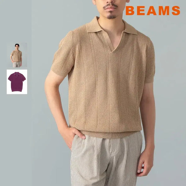 [BUNJANG] BEAMS F DRUMOHR Linen Cotton Jacquard Skipper Polo Shirt / 빔즈 에프 드루모어 린넨 코튼 자카드 스키퍼 폴로셔츠