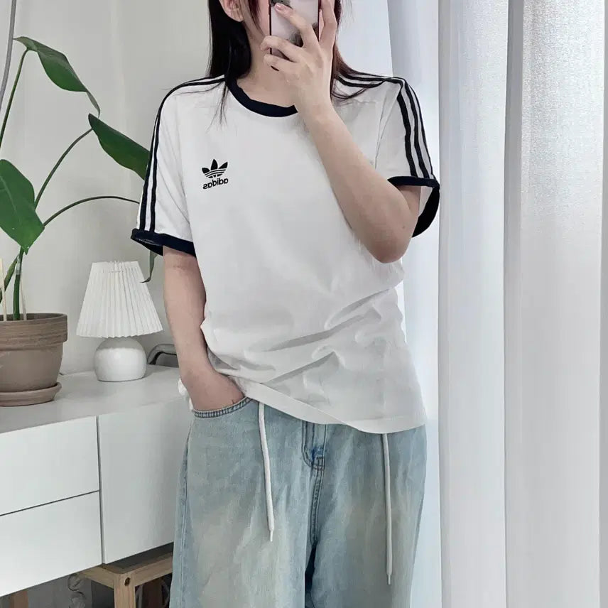 [BUNJANG] Adidas White Trefoil Stripe Short Sleeve T-Shirt XL / 아디다스 화이트 트레포일 띠줄 반팔티 [ XL ]