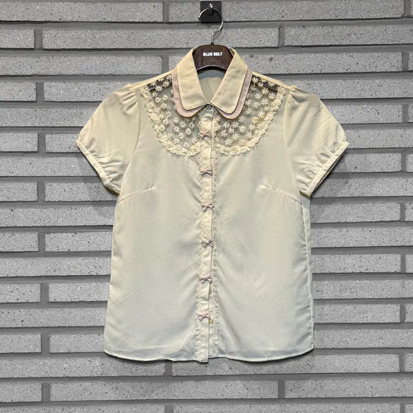 [BUNJANG] Vintage Beige See-through Rivet Button Detail Short Sleeve Shirt / JPN VINTAGE 반팔 셔츠 시스루 리벳 단추 디테일 베이지