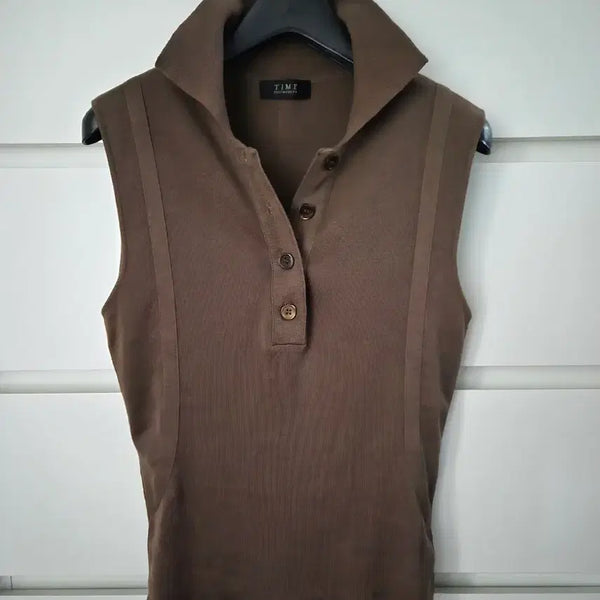 [BUNJANG] TIME Brown Sleeveless Collar T-shirt / 타임 브라운 민소매카라티