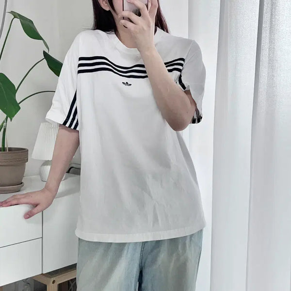 [BUNJANG] Adidas White Central Trefoil Stripe Short Sleeve T-Shirt XL / 아디다스 화이트 중앙트레포일 띠줄 반팔티 [ XL ]