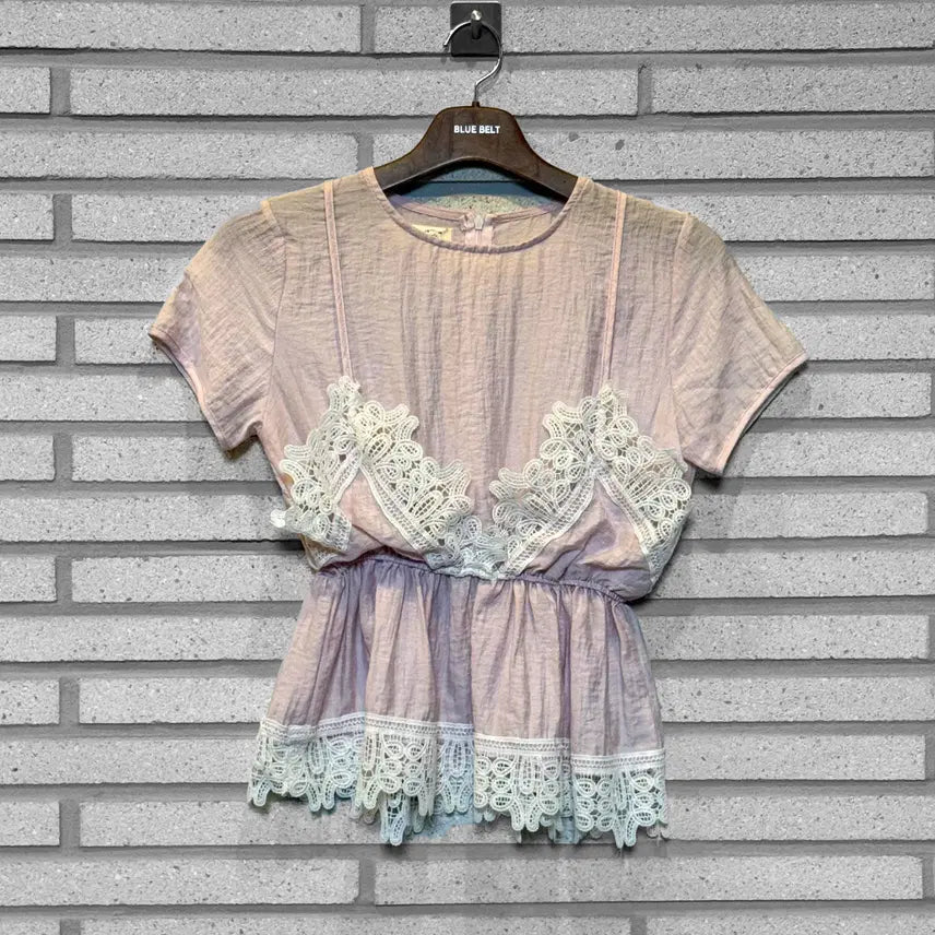 [BUNJANG] Japanese Vintage Mini Dress Lace Shirring Detail Pink / JPN VINTAGE 미니 원피스 레이스 셔링 디테일 핑크
