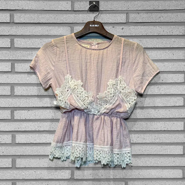 [BUNJANG] Japanese Vintage Mini Dress Lace Shirring Detail Pink / JPN VINTAGE 미니 원피스 레이스 셔링 디테일 핑크