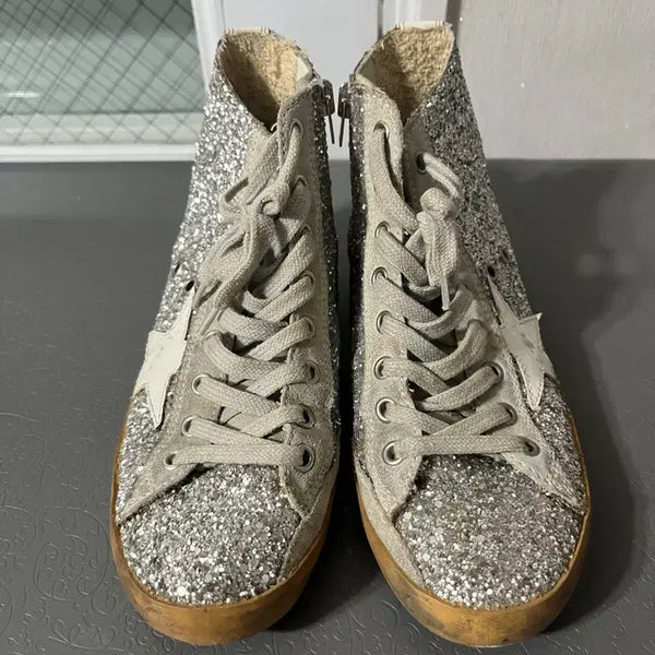 [BUNJANG] Golden Goose Francy Glitter Silver High-Top Sneakers / 골든구스 프란시 글리터 실버 하이탑