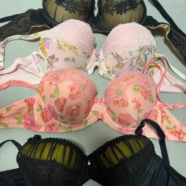 [BUNJANG] Vivian Rosebud & Venus Jasmine Bra Set - 4 Styles (Black, Pink, Floral Pattern) - Size 80A / 브라 세트 4종 (블랙/핑크/플라워 패턴)