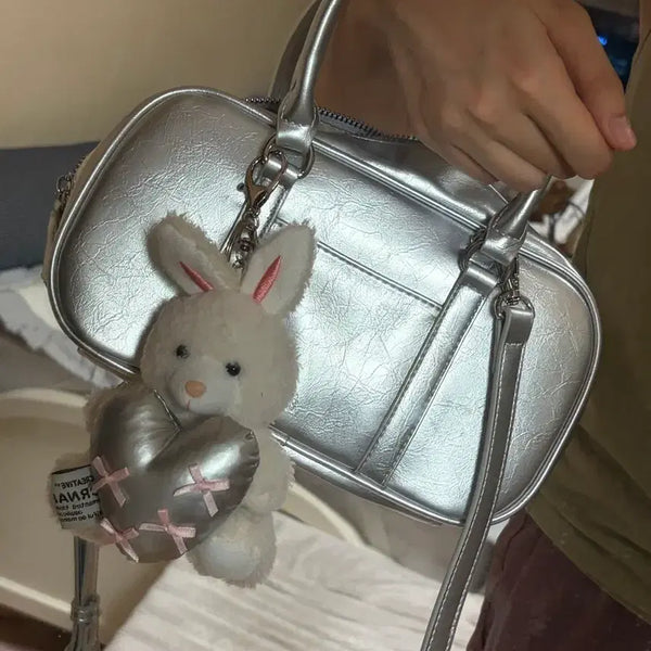 [BUNJANG] Silver Crossbody Shoulder Bag with Rabbit Charm / 실버 크로스백 숄더백 + 인형 키링