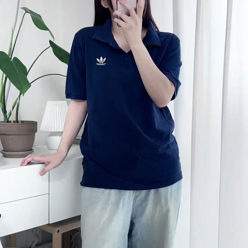 [BUNJANG] Adidas Navy Trefoil Tipped Collar T-Shirt (M) / 아디다스 네이비 트레포일 반팔카라티 [ M ]