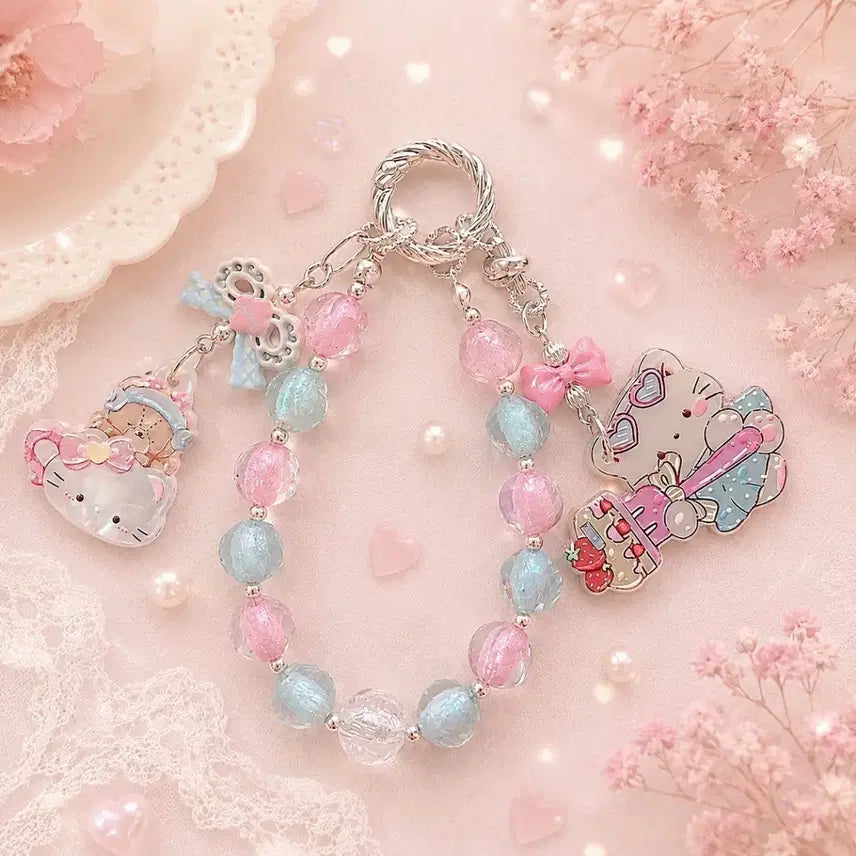 [BUNJANG] Pastel Kitty Pendant Beaded Keyring / 파스텔 키티 펜던트 키링