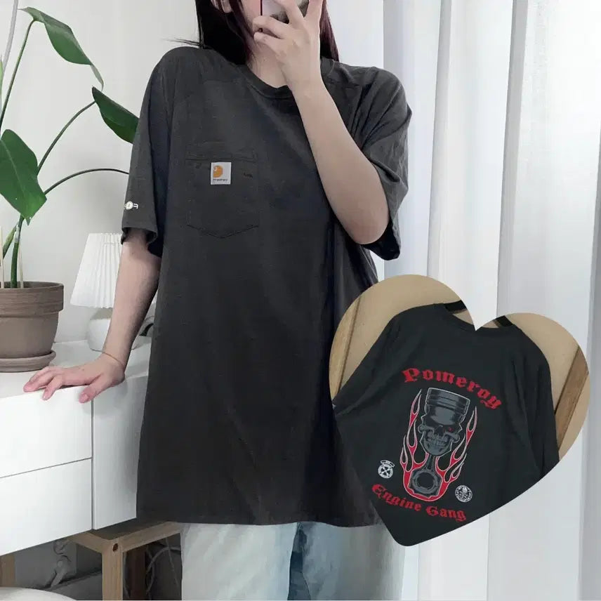[BUNJANG] Carhartt Force Pocket Backprint Short Sleeve T-Shirt - Charcoal, Relaxed Fit XL / 칼하트 챠콜 FORCE 포켓 백프린팅 반팔티 [ RELAXED FIT XL ]