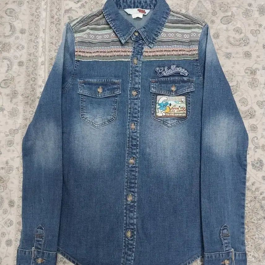 [BUNJANG] HOL HOUSE Ethnic Pattern Smurf Denim Shirt S / 홀 하우스 에스닉 패턴 스머프 데님 셔츠 S