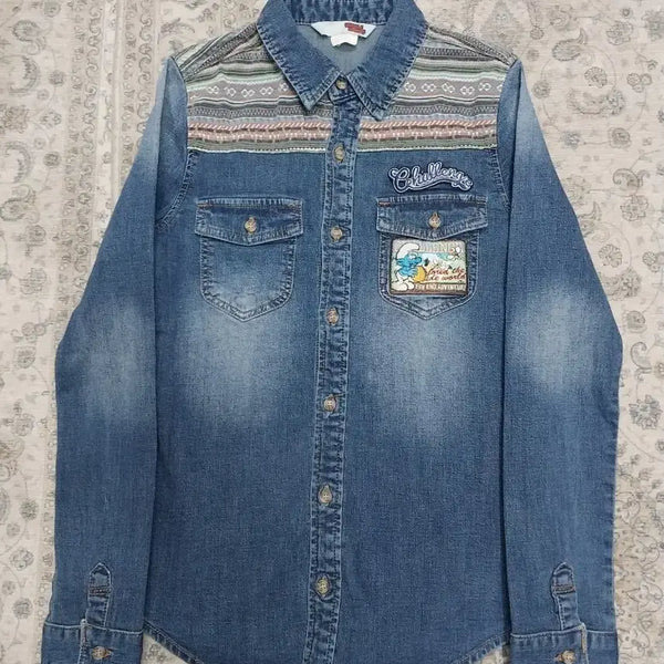 [BUNJANG] HOL HOUSE Ethnic Pattern Smurf Denim Shirt S / 홀 하우스 에스닉 패턴 스머프 데님 셔츠 S
