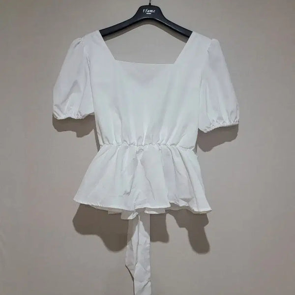[BUNJANG] Square Neck Puff Sleeve Frill Blouse with Back Ribbon / 뒤리본 스퀘어넥 퍼프 프릴 블라우스