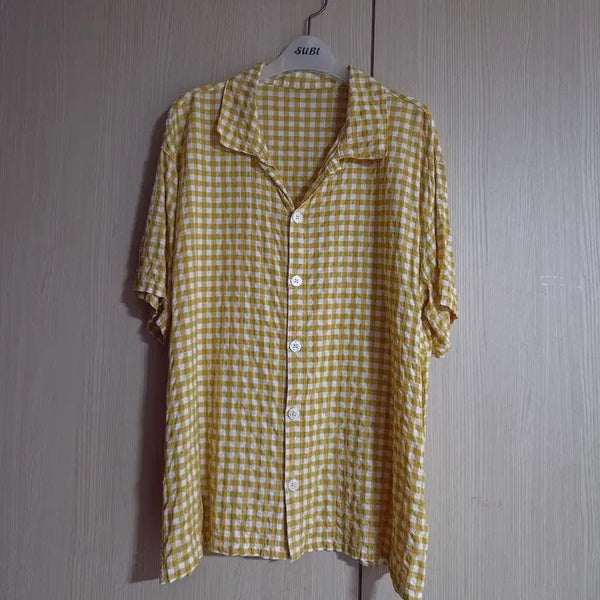 [BUNJANG] Toptenco Mustard Check Pattern Short-Sleeve Shirt Unisex / (남여공용) 탑텐 머스타드색 체크무늬 셔츠 남자 95 /여자77~88