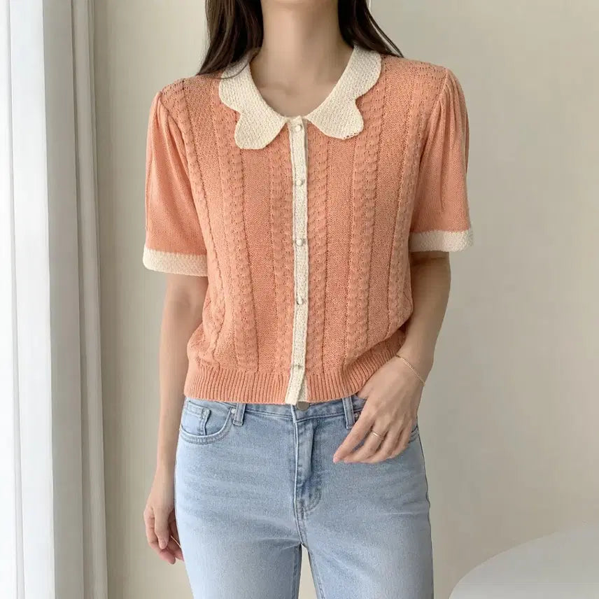 [BUNJANG] F Recov Frill Color Block Collar Short Sleeve Knit / [F]레코브 프릴 배색 카라 반팔 니트