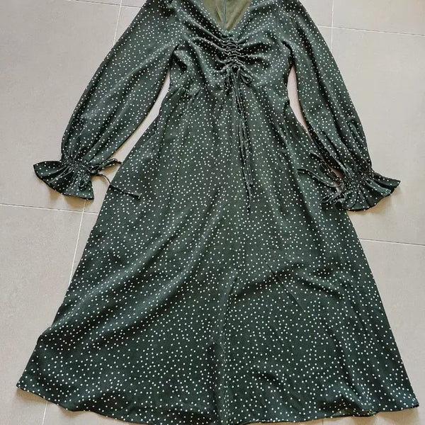 [BUNJANG] Green Dot Shirring Long Dress / 그린 도트 셔링 롱 원피스