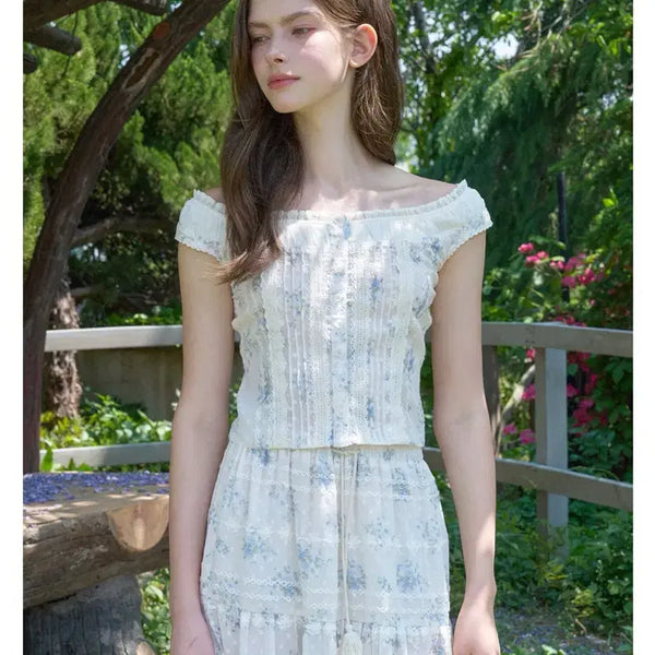 [BUNJANG] Labelle Blanc Clara Blue Rose Fabric Set Top & Skirt / [새상품]라벨르블랑 클라라 블루 로즈 패브릭 세트