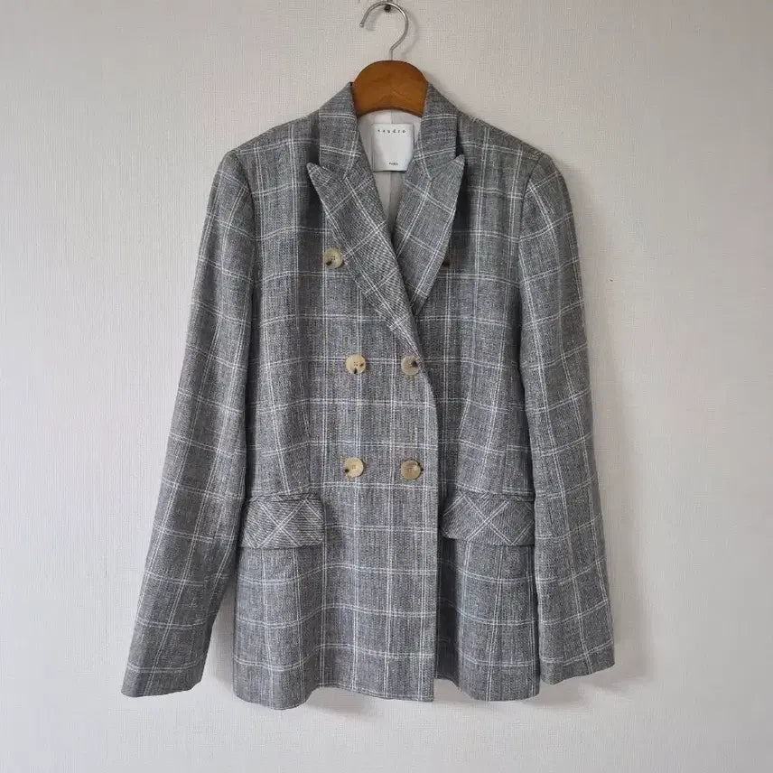 [BUNJANG] Sandro Linen Blend Check Double Breasted Blazer / [산드로] 린넨혼방 체크 더블 자켓