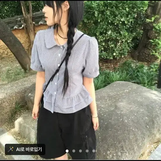 [BUNJANG] Frill Puff Short Sleeve Blouse / 급처) 에이블리 체크 프릴 퍼프 반팔 블라우스 모리걸