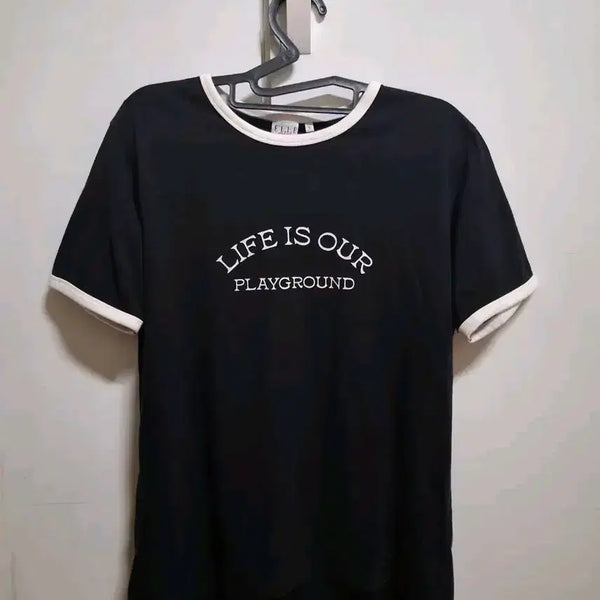 [BUNJANG] Elle Girl Lettering Color-Block Short-Sleeve T-Shirt / 엘르걸 레터링 배색 반팔티 Y2K 스트릿 티셔츠