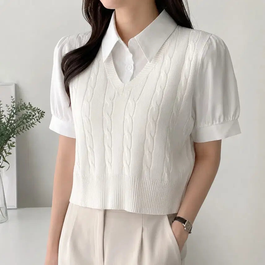 [BUNJANG] Focus Kara Neck Twisted Layered Short Sleeve Knit Blouse / [F]포커스 카라넥 꽈배기 레이어드 반팔 니트 블라우스