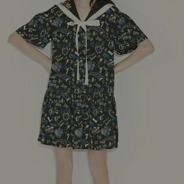 [BUNJANG] Lucky Chouette Pattern Short Sleeve Dress / 럭키슈에뜨 패턴 반팔 원피스