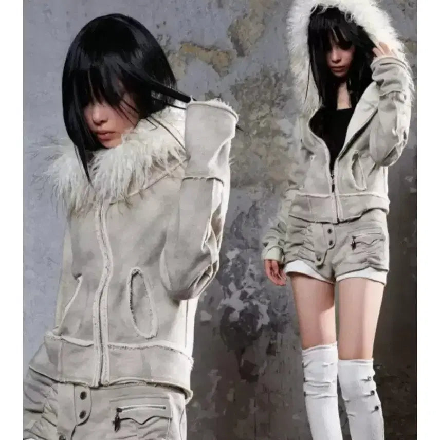 [BUNJANG] Shop Cor Ariadnaw Y2K Punk Fur Jacket and Shorts Set / 샵코르 shop cor ariadnaw y2k 자켓 반바지 펑크 fur 퍼 세트