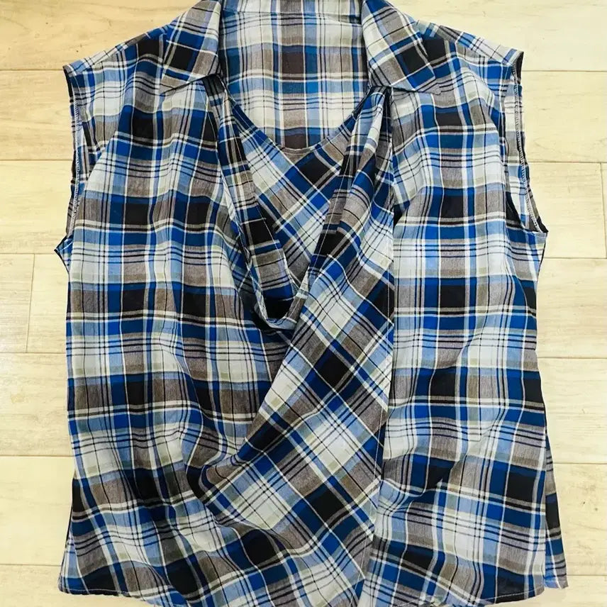 [BUNJANG] Blue Check Sleeveless Shirt / 블루 체크 패턴 민소매 셔츠