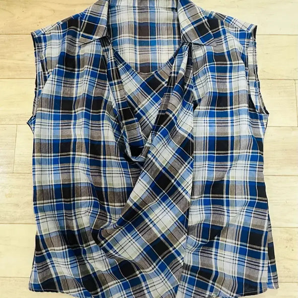 [BUNJANG] Blue Check Sleeveless Shirt / 블루 체크 패턴 민소매 셔츠