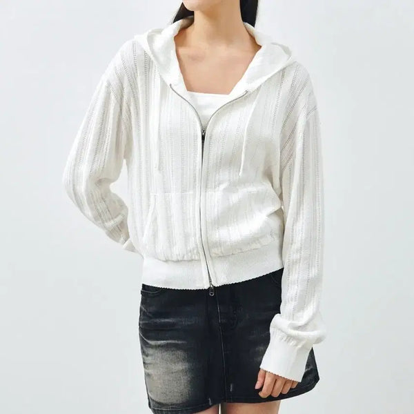 [BUNJANG] Mongdol Punching Knit Hood Zip-up White / 몽돌 펀칭 니트 후드집업 화이트