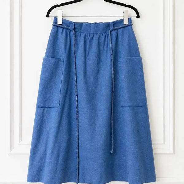 [BUNJANG] Vintage German 100% Cotton Natural Blue Pocket Summer Midi Skirt / 독일 빈티지 100%코튼 내추럴 블루 포켓 썸머 미디 스커트
