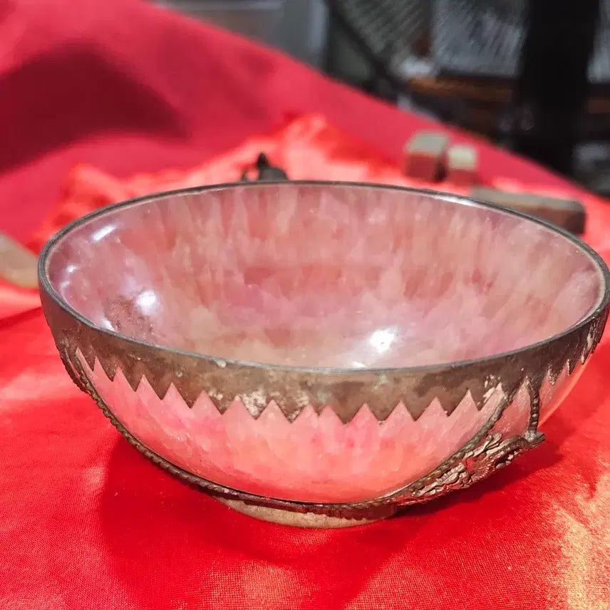 [BUNJANG] Antique Silver-Mounted Dragon & Phoenix Pink Quartz Tea Bowl / 은장식 용봉문 홍수정(오교석) 다완 / 화발