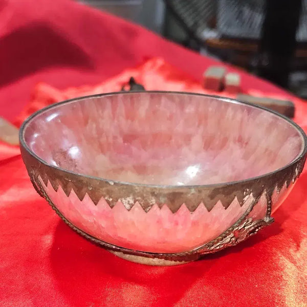 [BUNJANG] Antique Silver-Mounted Dragon & Phoenix Pink Quartz Tea Bowl / 은장식 용봉문 홍수정(오교석) 다완 / 화발