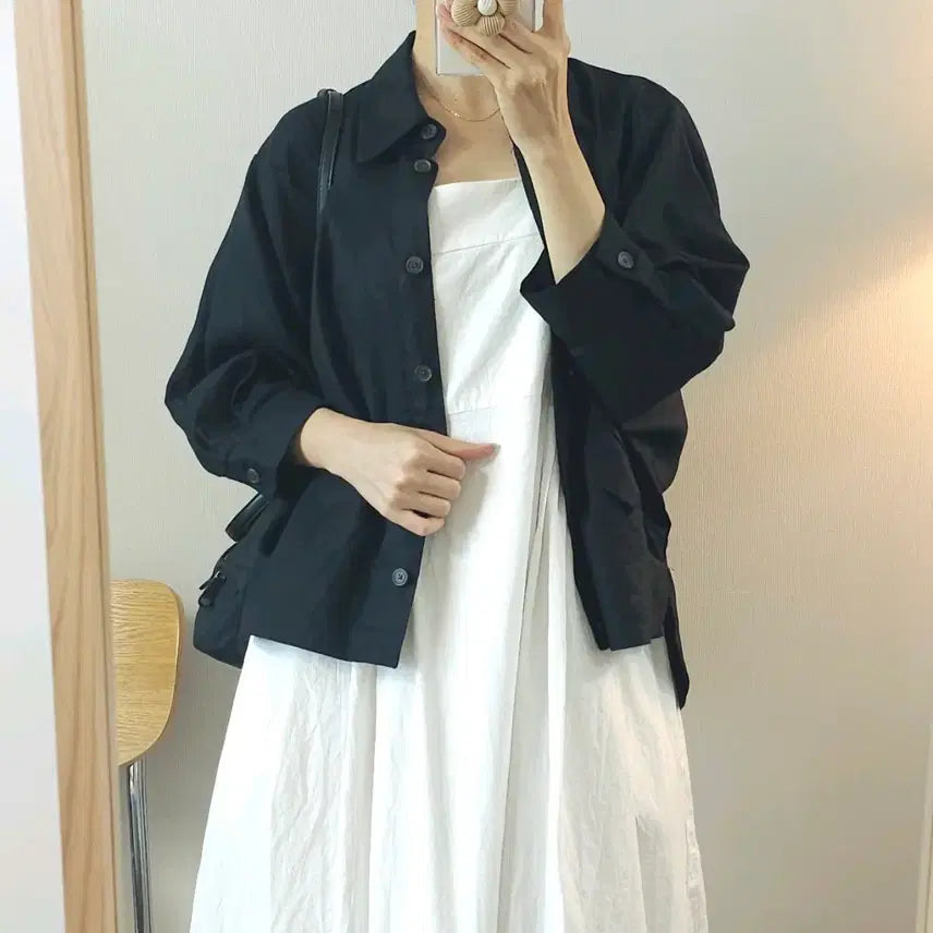 [BUNJANG] VERAWANG Linen 7/8 Sleeve Oversized Shirt Black / (M)베라왕 여성 마 린넨 7부 오버핏 셔츠 블랙