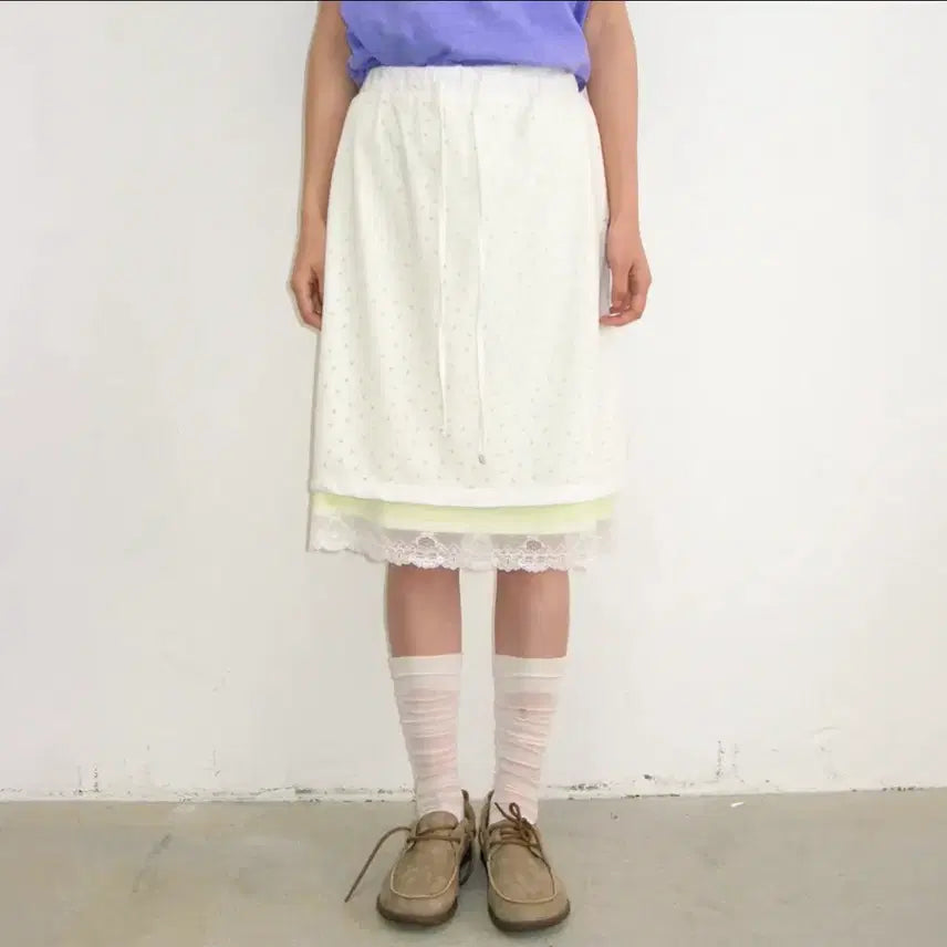 [BUNJANG] Ronron Dot Layered Lace Skirt White / 론론 도트 레이어드 레이스 스커트 화이트
