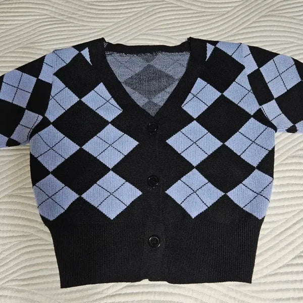[BUNJANG] Argyle Pattern Short Sleeve Knit Cardigan / 아가일 패턴 반팔 니트 가디건