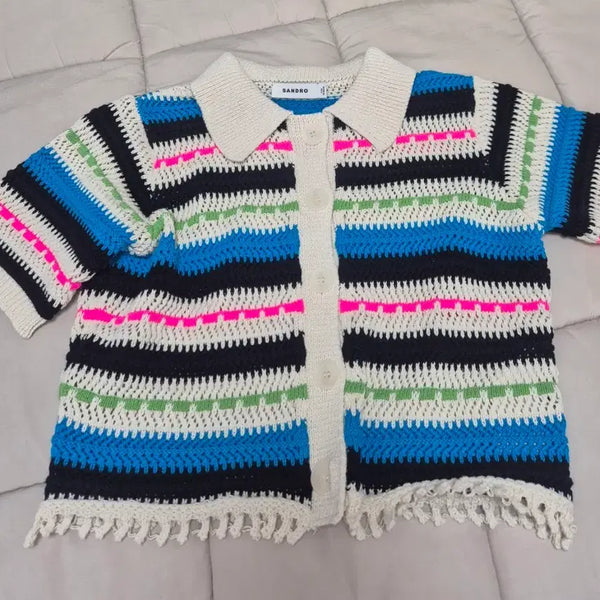 [BUNJANG] Sandro Crochet Stripe Cropped Cardigan / 산드로 크로셰 스트라이프 크롭 가디건
