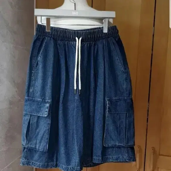 [BUNJANG] Denim Cargo Half Pants (Unisex, Size L) / 진청 밴딩 카고 바지 하프팬츠 L(남여공용/새제품)