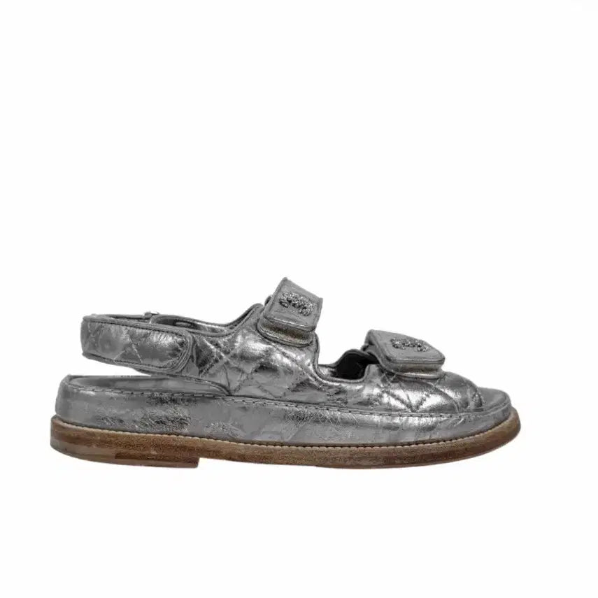[BUNJANG] Chanel Women's CC Logo Velcro Mule Sandals Vintage Silver G31848 / [35.5] 샤넬 여성 CC로고 벨크로 뮬 샌들 빈티지 실버 G31848
