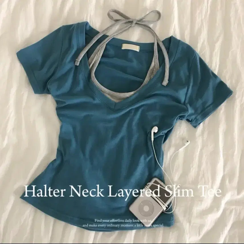 [BUNJANG] Andmore Halterneck Layered Short-Sleeve T-Shirt / 앤드모어 홀터넥 나시 백스트랩 알체형 레이어드 반팔티셔츠
