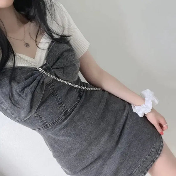 [BUNJANG] Denim Ribbon Asymmetrical Bustier Mini Dress / 데님 리본 언발 뷔스티에 미니원피스