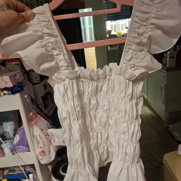 [BUNJANG] White Smocking Shirring Puff Sleeveless Blouse / 화이트 스모킹 셔링 퍼프 나시블라우스새거