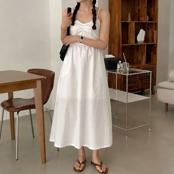 [BUNJANG] Cotton Shirring Long Dress / 끈나시 코튼 셔링 롱 원피스